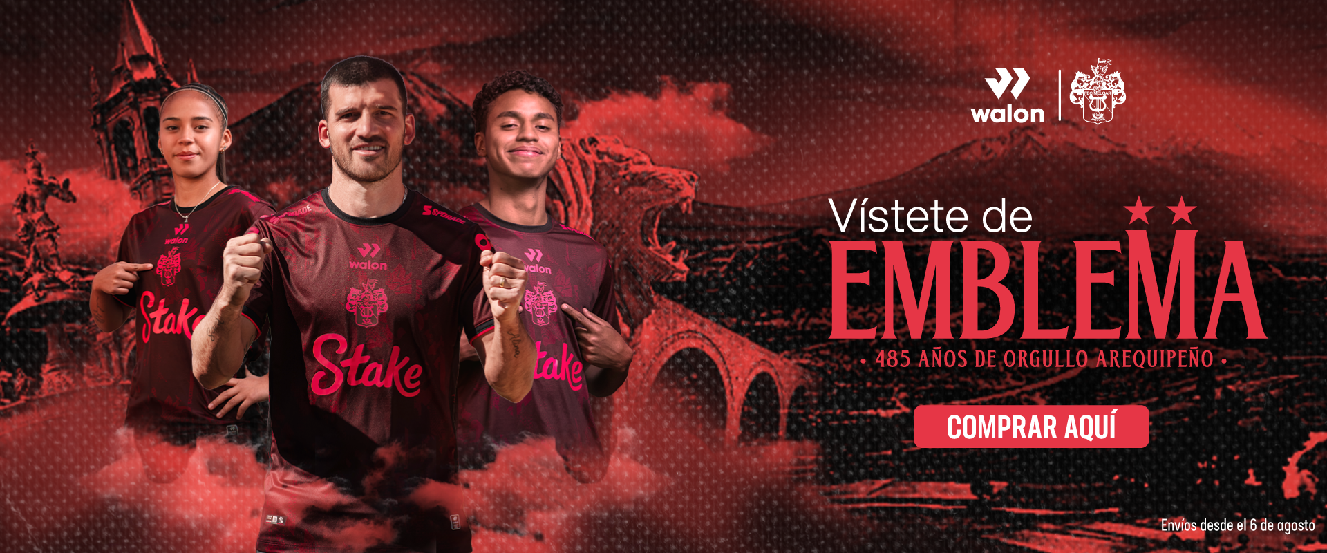 Jugadores de Melgar posan con la camiseta oficial Aniversario 2025 frente a un fondo con símbolos icónicos de Arequipa.