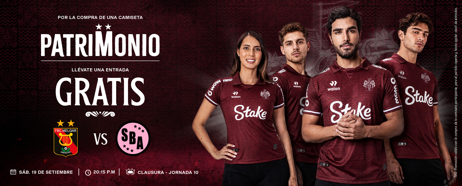 Camiseta Patrimonio FBC Melgar de Walon con promoción de entrada gratis para el partido FBC Melgar vs SBA