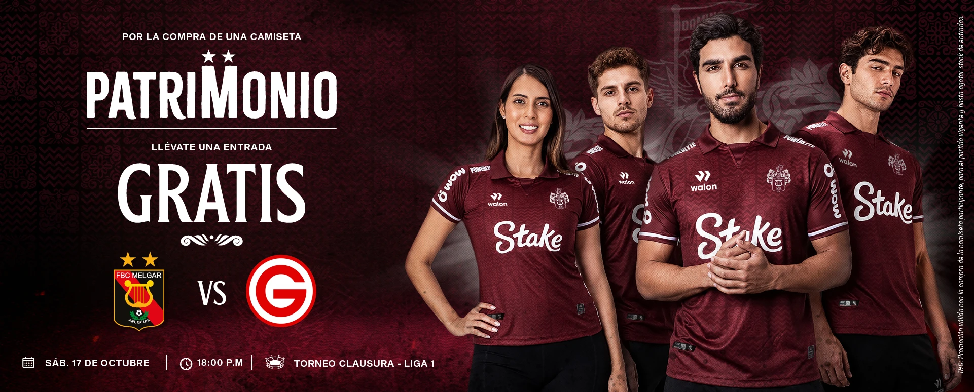 Patrimonio: por la compra de una camiseta Melgar de Walon llévate una entrada gratis para Melgar vs Deportivo Garcilaso, sábado 17 de octubre, 6:00 p.m., Torneo Clausura Liga 1